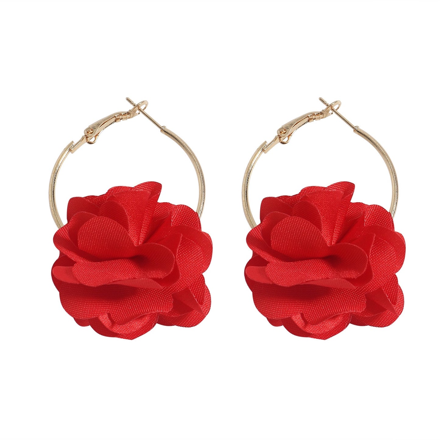 E7226 Aretes flor roja aro dorado aleacion 6cm