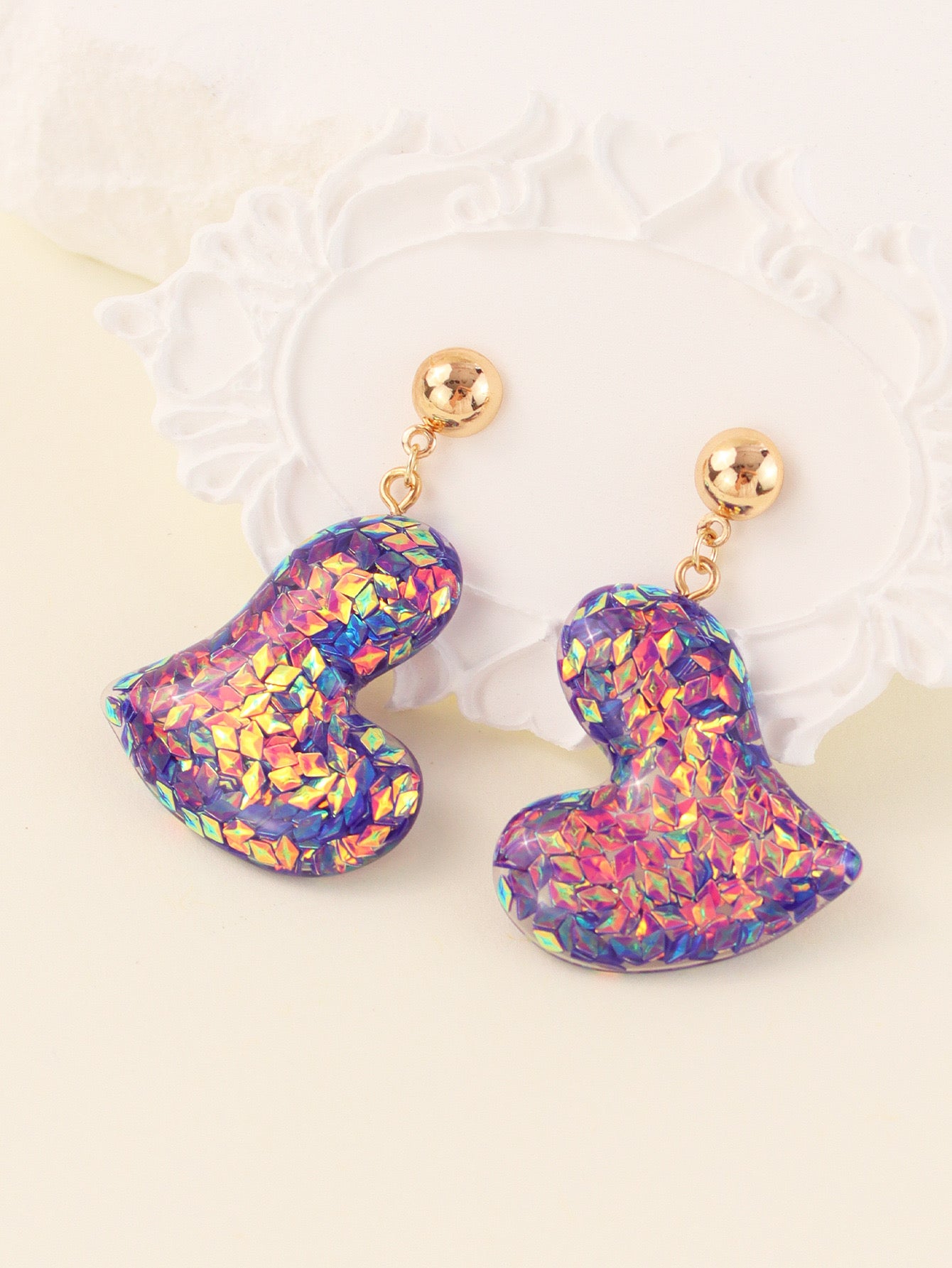 E2218 Aretes corazon confeti resina 5cm ligeros