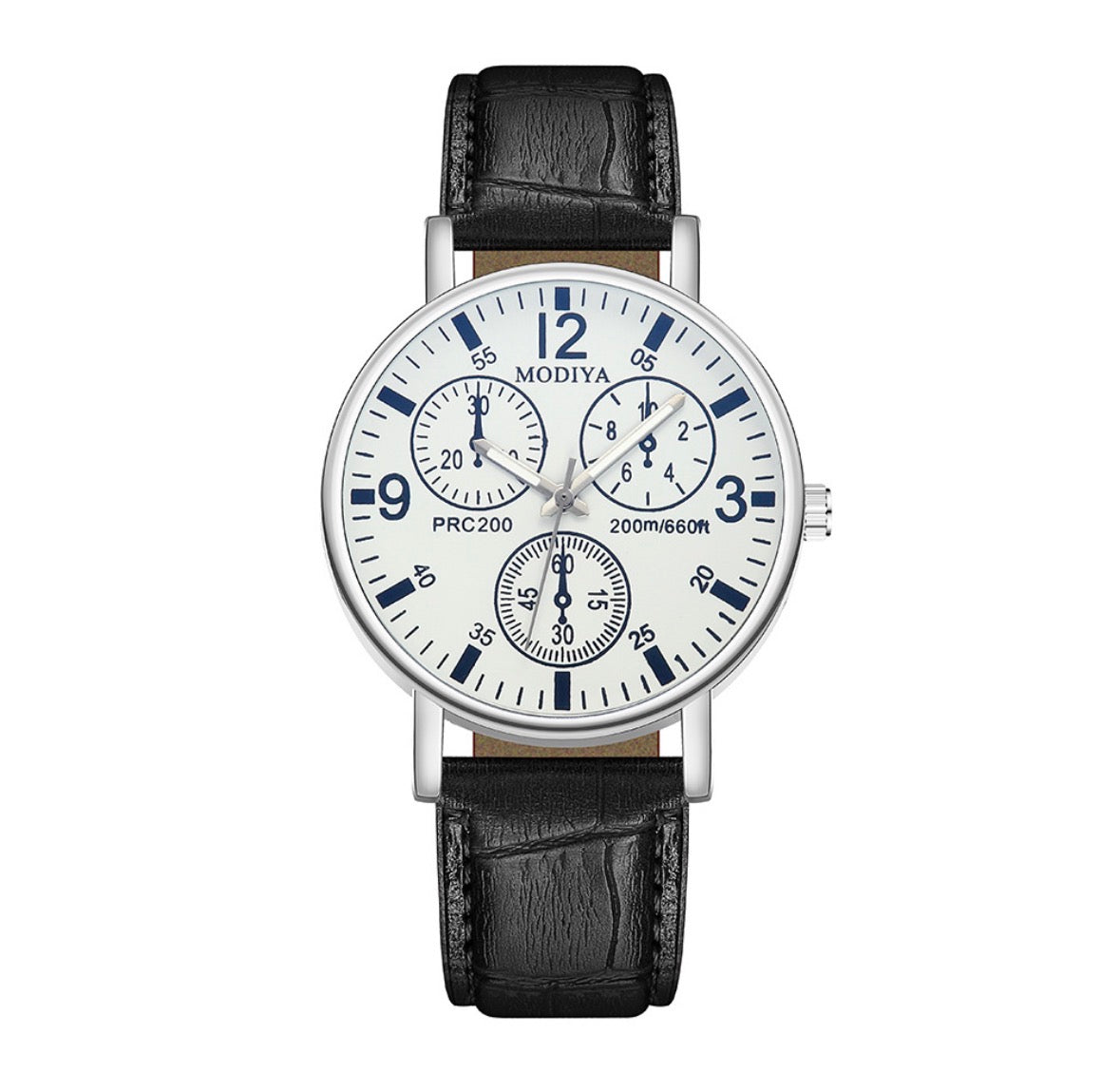 R155 Reloj ronda blanca hebilla negra de cuero sintetico hombre