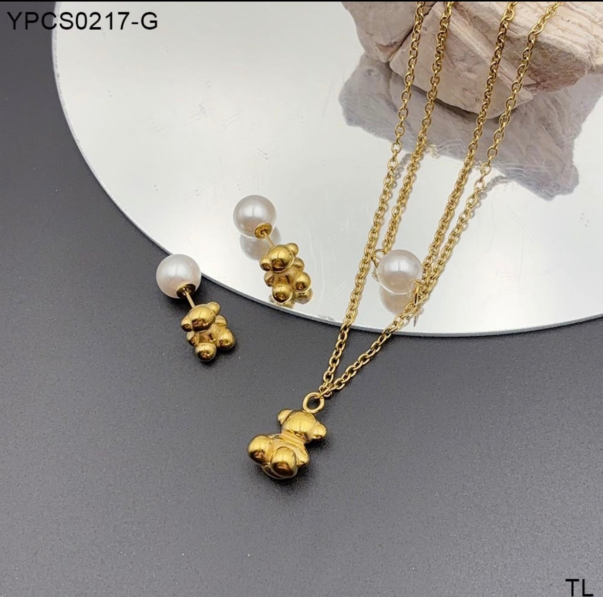 C1190P Conjunto de collar aretes oso dorado perla acero inoxidable