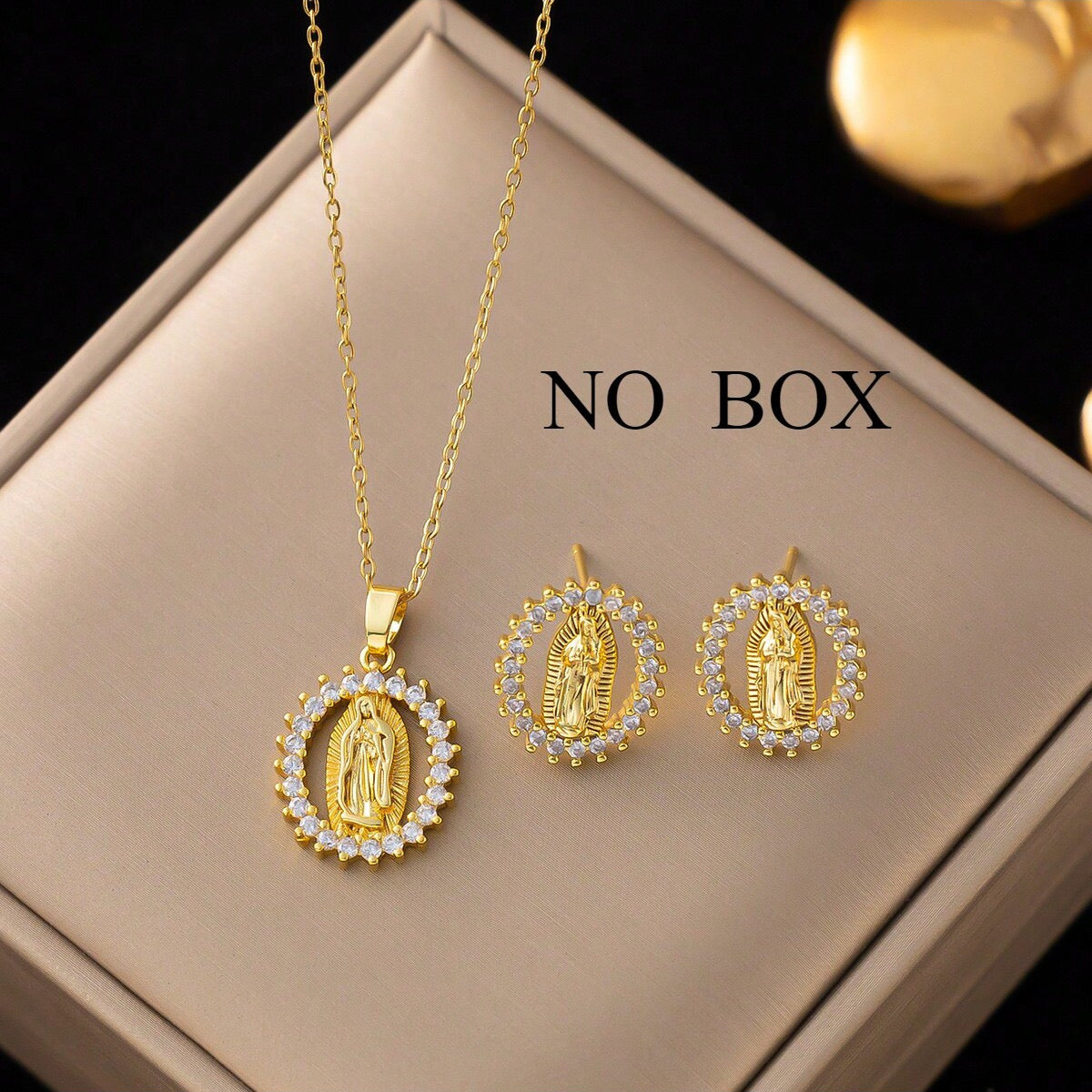 C897 Conjunto de collar aretes virgen de Guadalupe acero inoxidable 23cm largo 2cm dije 2cm aretes
