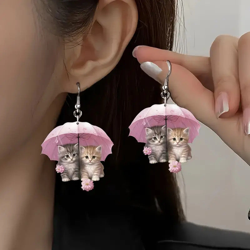 J419 Aretes paraguas gatos tiernos acrilico planos