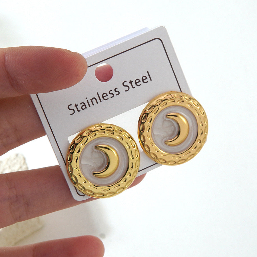 E7215 Aretes circulares luna dorada acero inoxidable 3cm