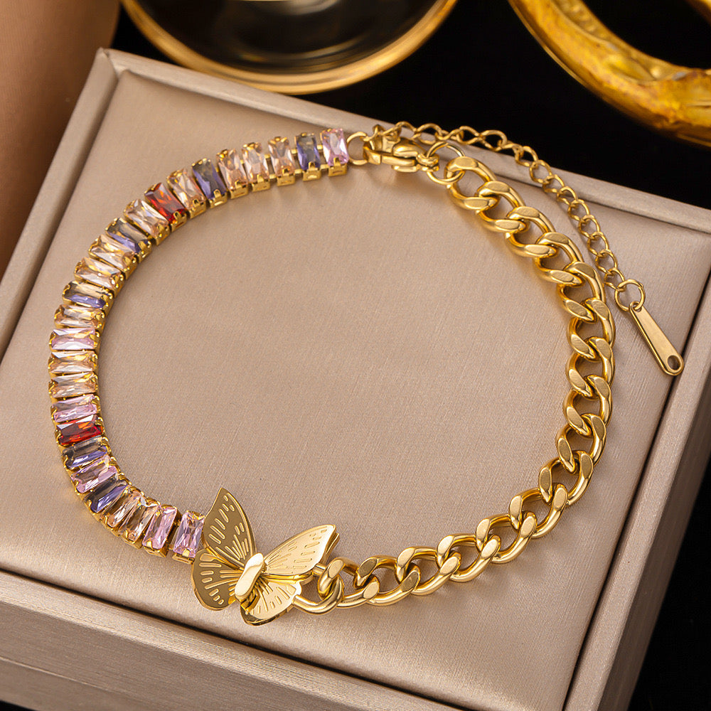 J505 Pulsera mariposa acero inoxidable chapado en oro 18k largo 19cm dije 2cm