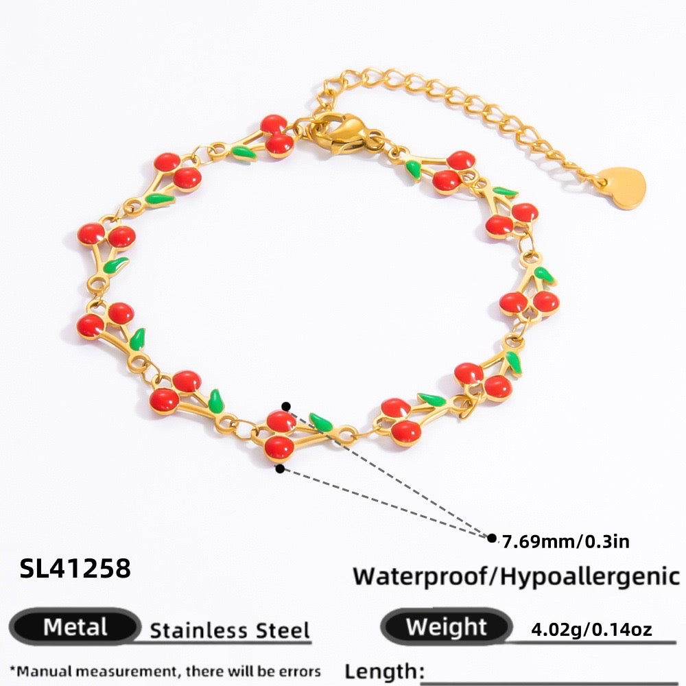 B527 pulsera cerezas rojas acero inoxidable chapado en oro de 18k 20cm