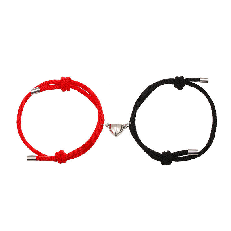 B216 Duo pulseras enamorados corazon iman ajustables rojo negro