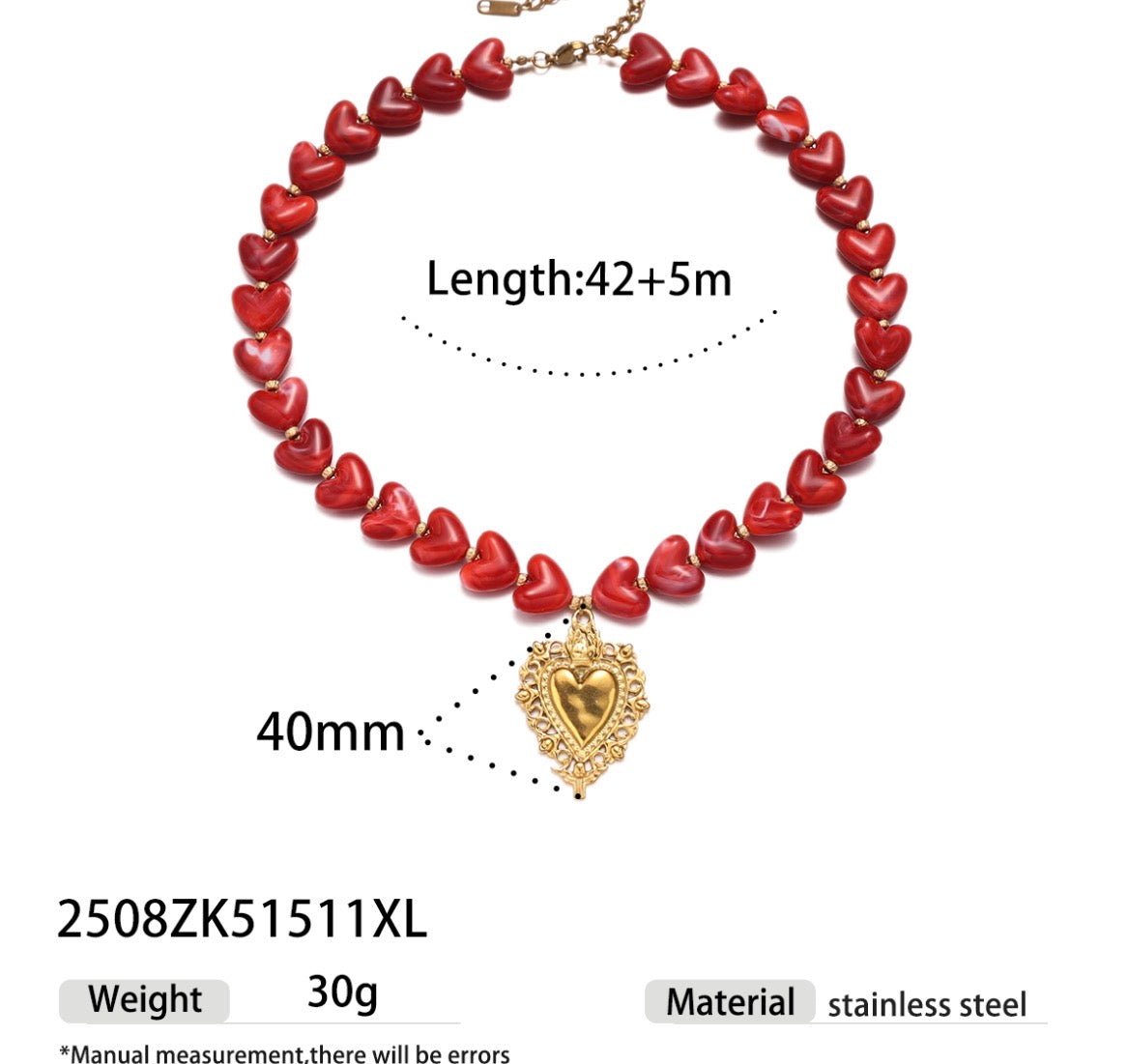 C1188 collar en forma de corazón rojo pequeño chapado en oro de 18k