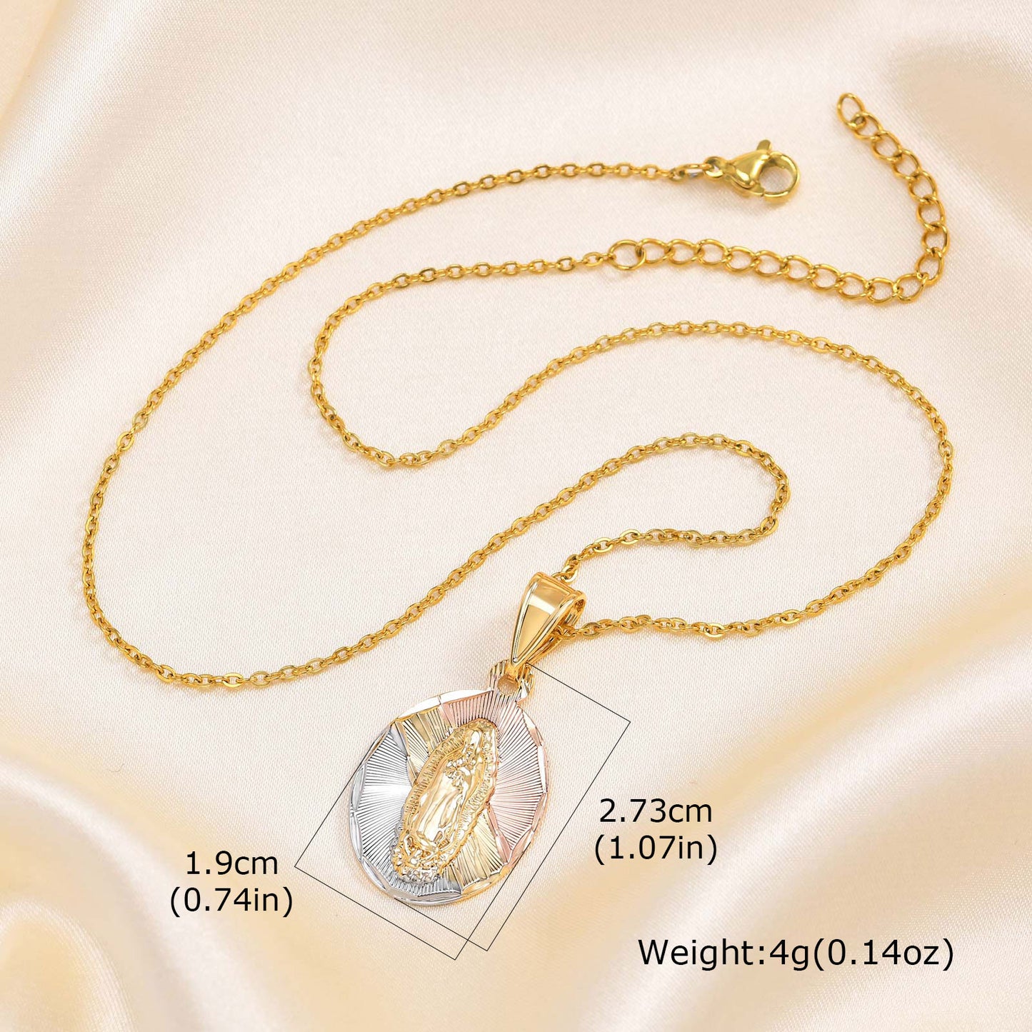 C536 Collar virgen de Guadalupe acero inoxidable chapado en oro 18k largo 25cm dije 3cm