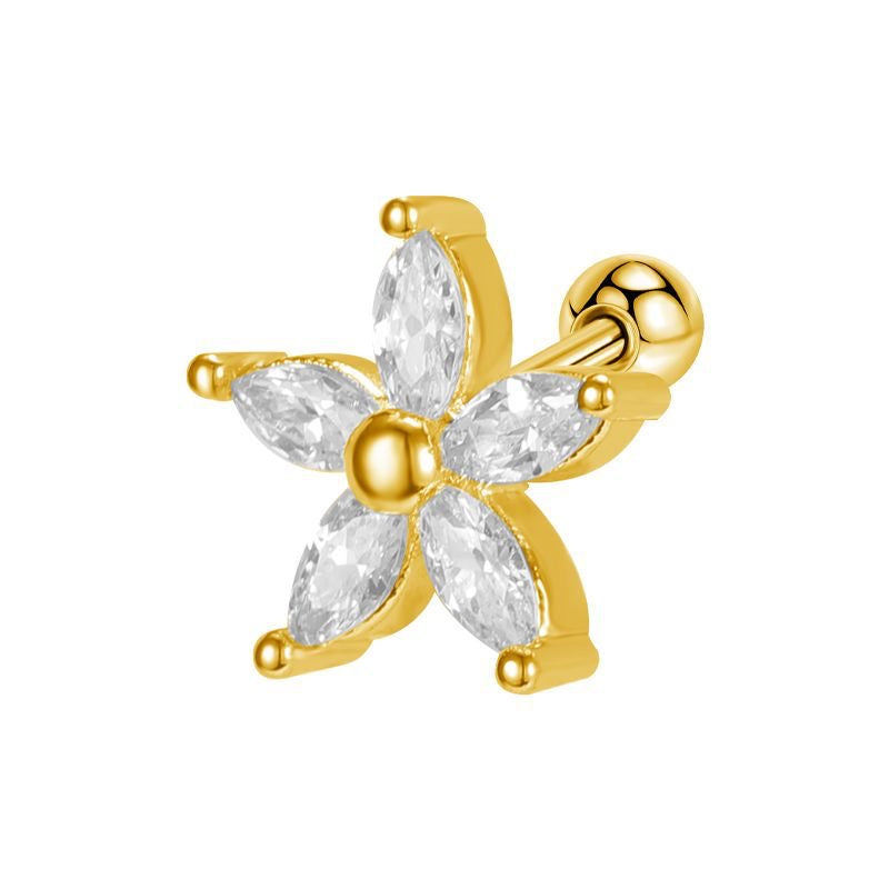E2827 Broquel 1 pieza dorado flor acero inoxidable zirconia