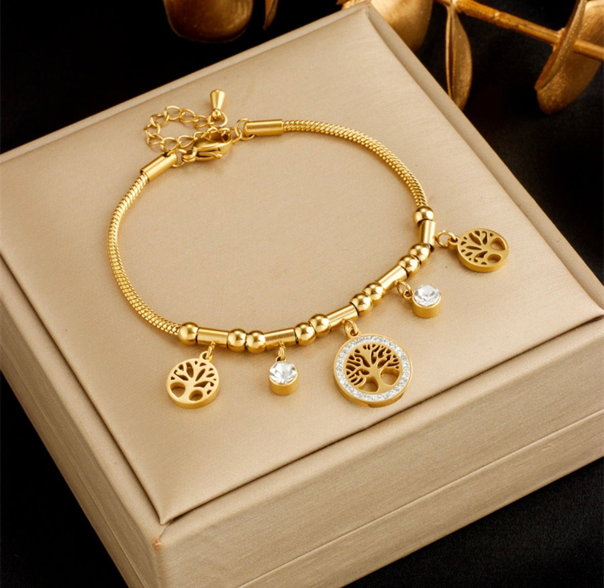 B735 pulsera dorada árbol de la vida acero inoxidable chapado en oro de 18k
