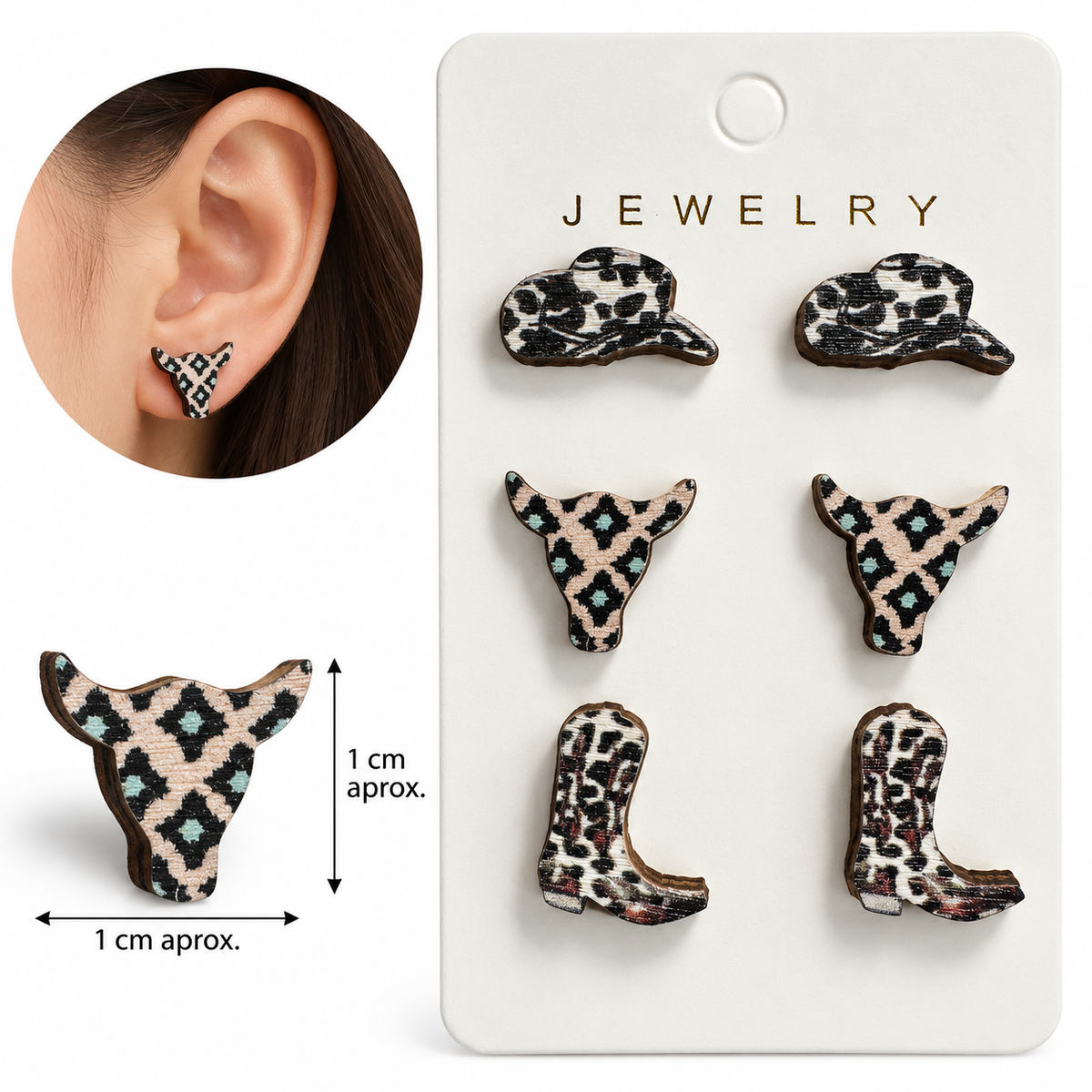 E7567 Set de 3 pares de aretes vaquero moda cowboy madera