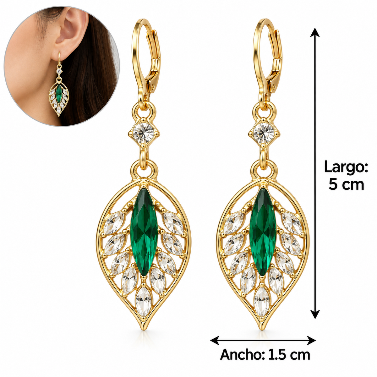 E7554 Aretes diseño hoja con cristal cortado aleacion
