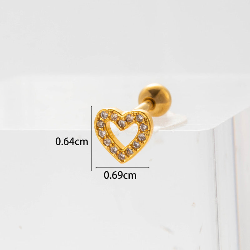E28230 Broquel 1 pieza dorado corazon acero inoxidable zirconia 1cm