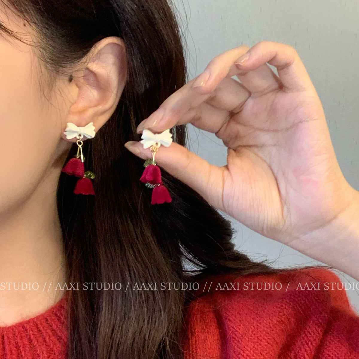 E5945 Aretes flores colgantes terciopelo vino aleacion 2cm