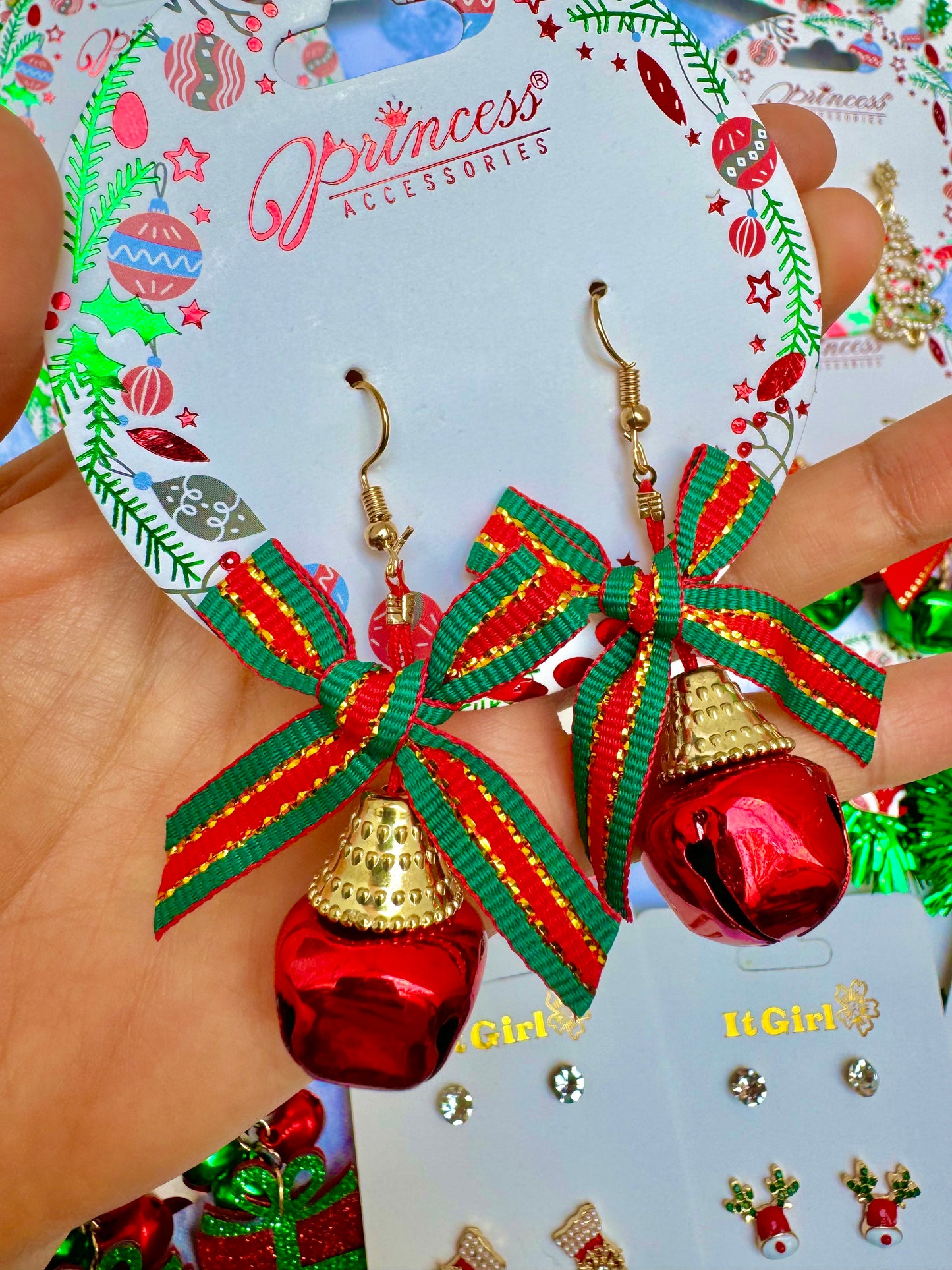 E1871 Aretes moño cascabel Navidad 6cm