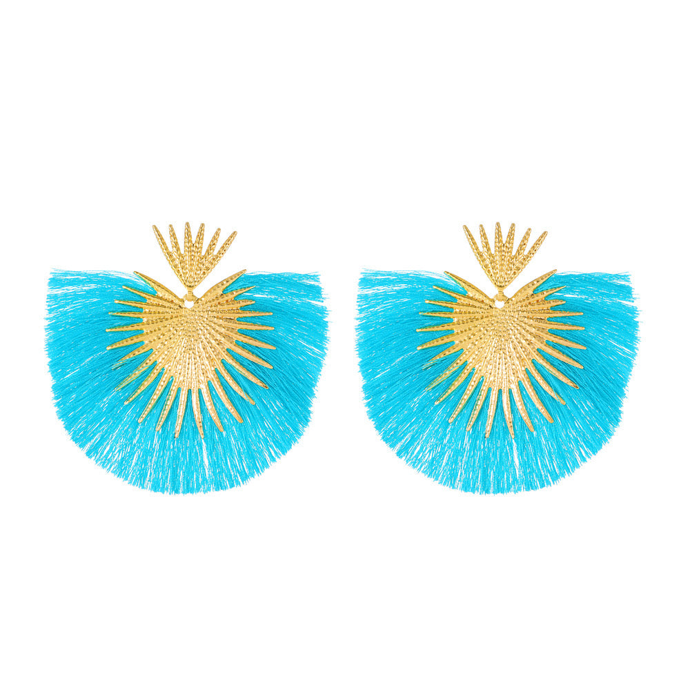 E7098AZ Aretes pico dorado y flecos azules en forma de abanico aleacion 9cm
