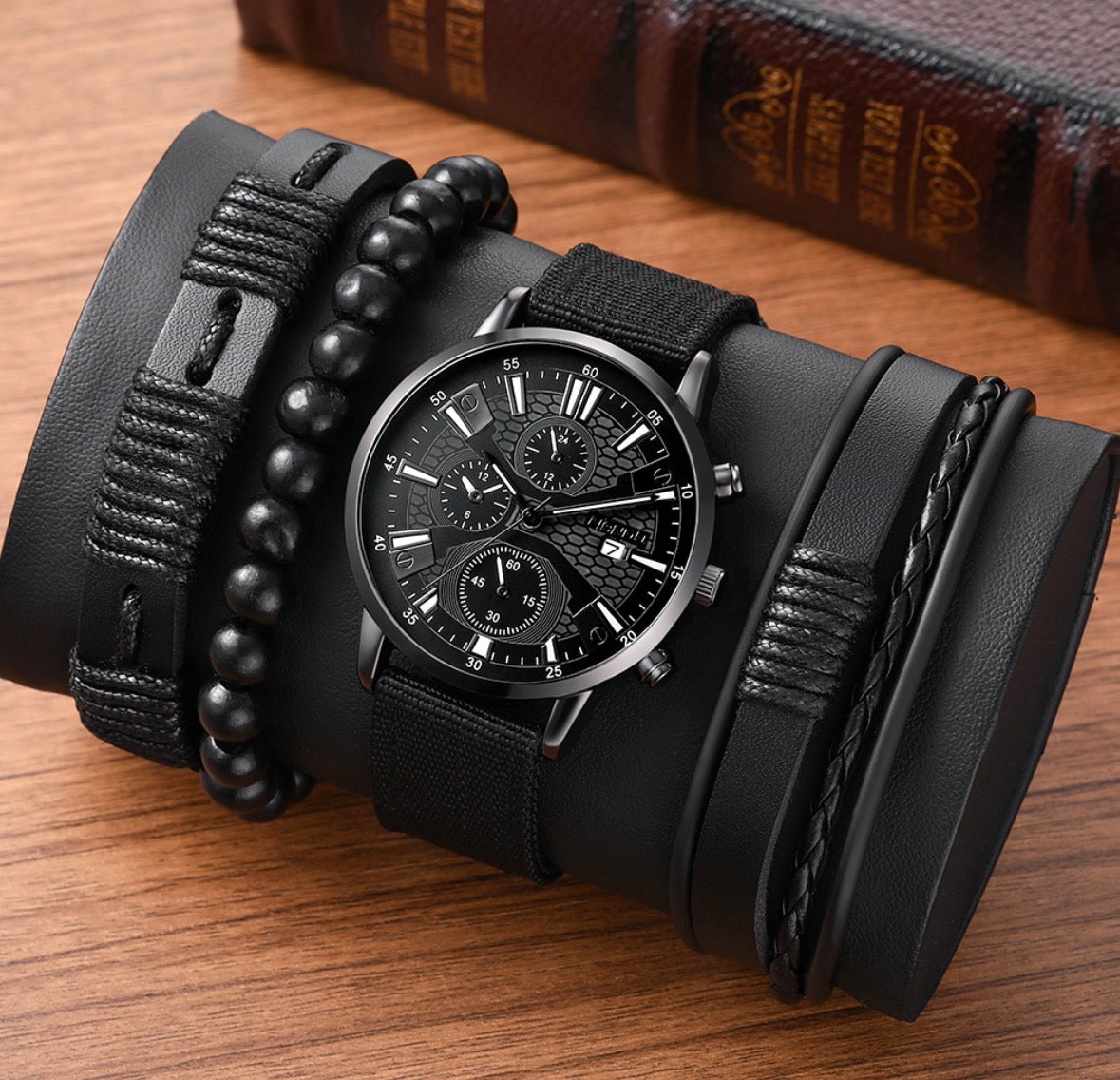 R186 reloj negro incluye pulseras de cuero sintetico para hombre