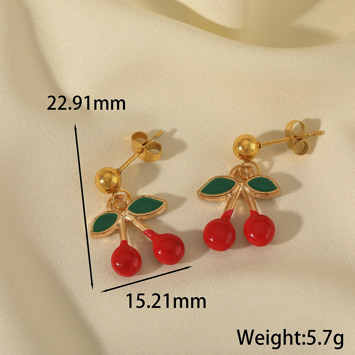 E2945 Aretes cereza acero inoxidable chapado en oro 18k 2.3cm