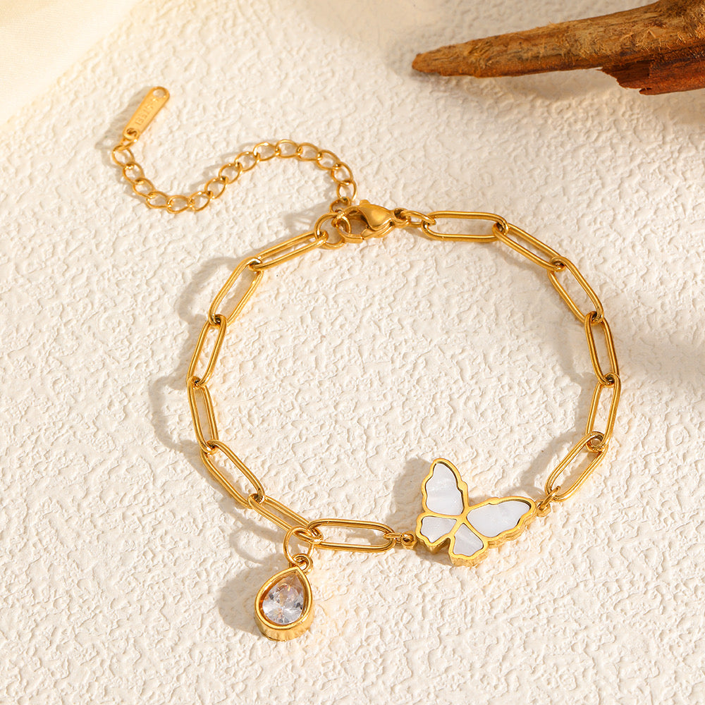 B372 Pulsera mariposa acero inoxidable chapado en oro 18k 22cm largo dije 2cm