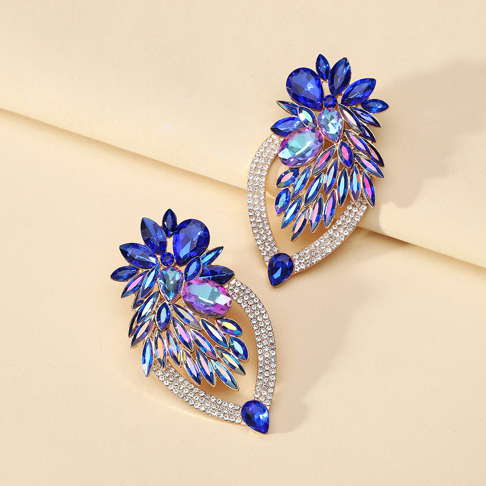 E5976A Aretes gota brillante diamantes azules 7cm aleacion