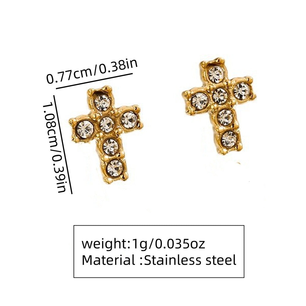 E3496 Aretes cruz acero inoxidable chapado en oro de 18k 1cm
