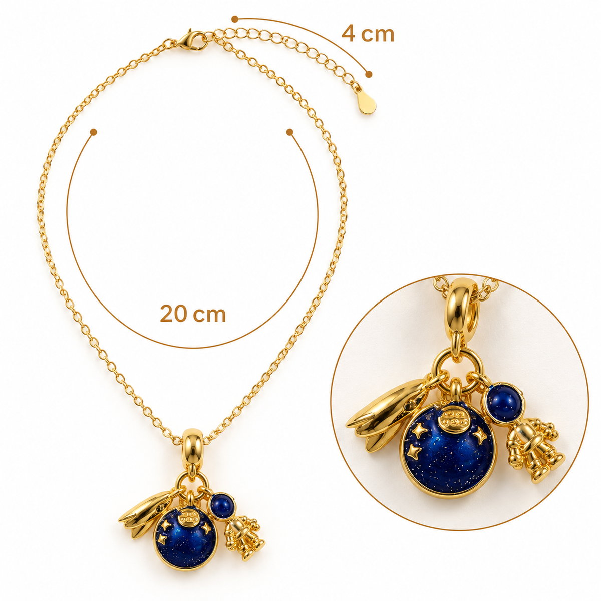 C087 Collar con dijes planeta astronauta y cohete de acero inoxidable 404