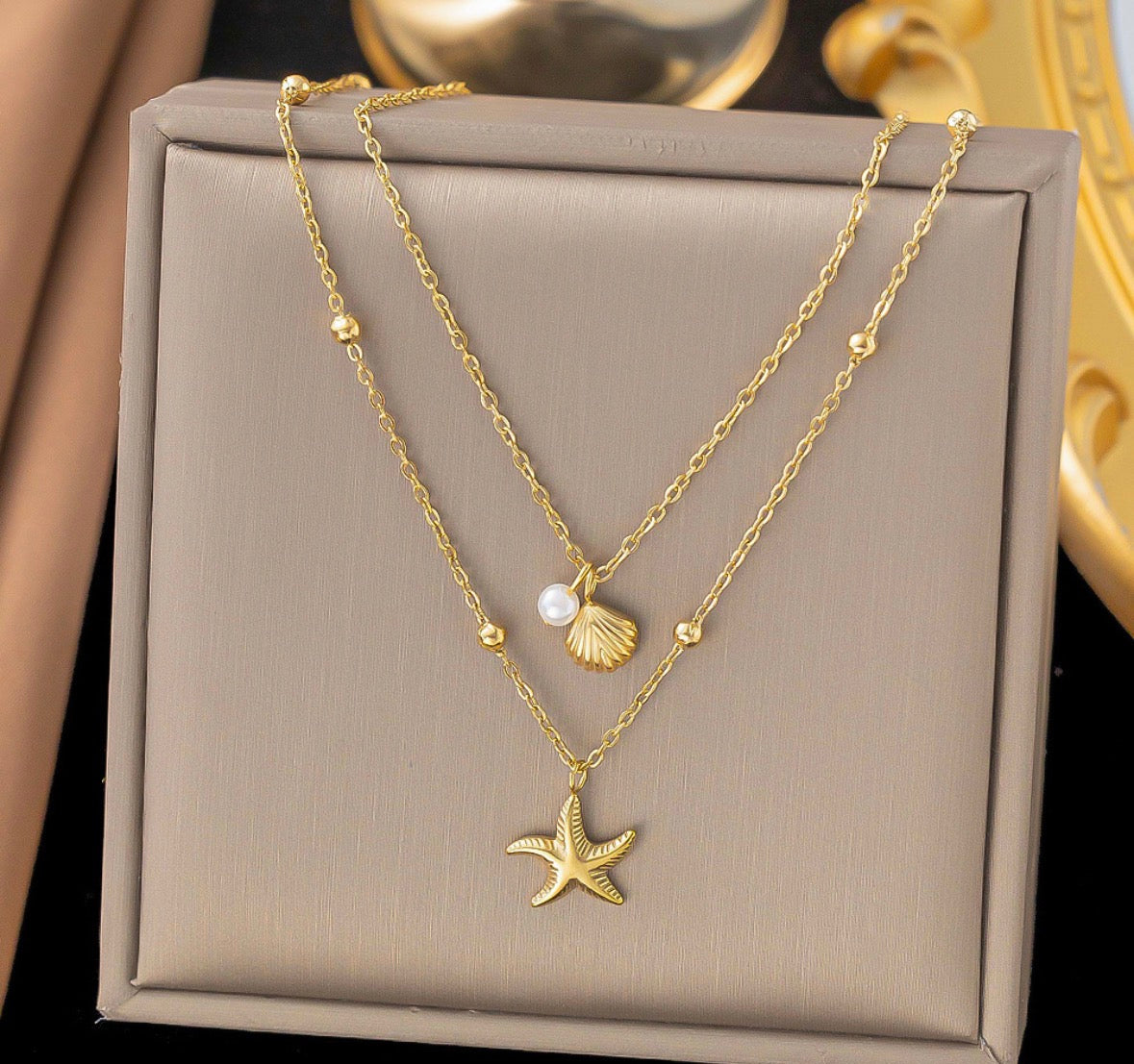 C1572 Collar doble estrella y concha de mar perla colgante acero inoxidable 21cm dije 1cm