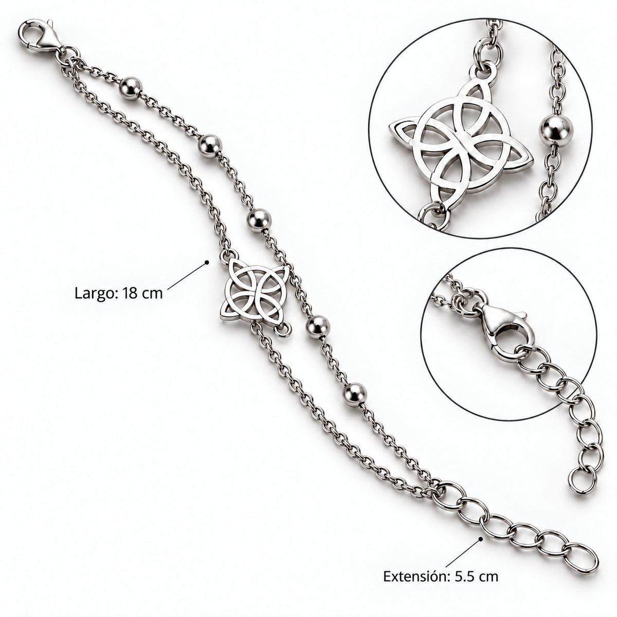B981 Pulsera doble nudo de bruja acero inoxidable con cuentas