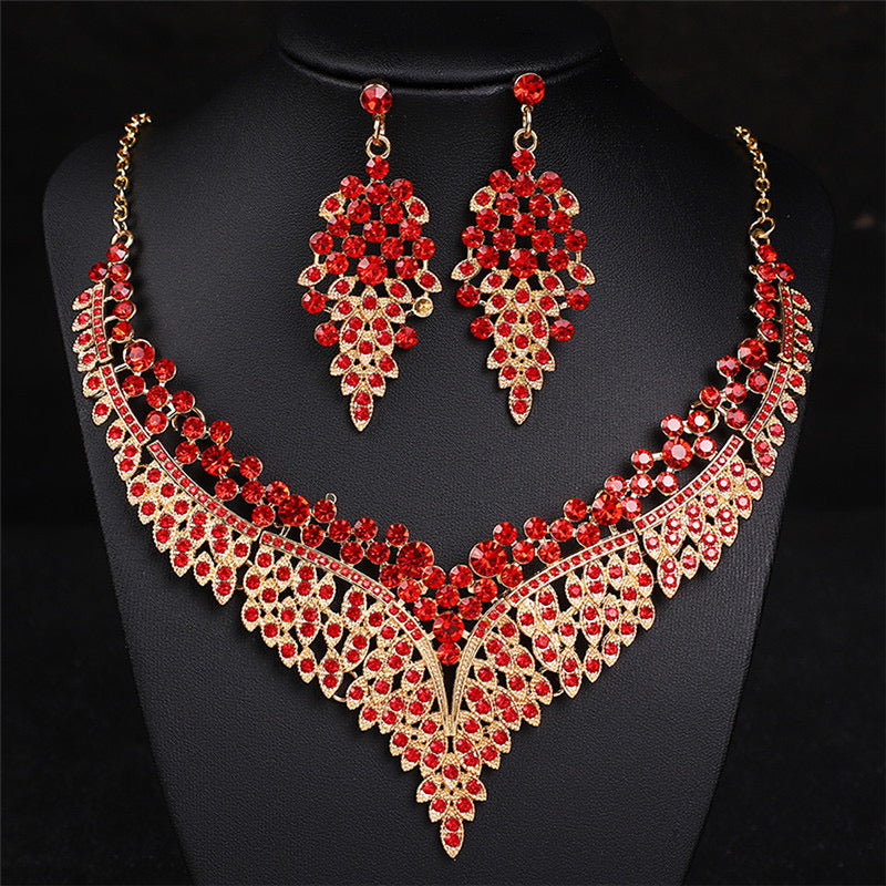 C1520 Gargantilla roja elegante con aretes para fiesta aleacion