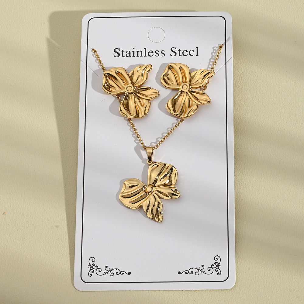 C977 Conjunto de collar y aretes de moño dorado acero inoxidable chapado en oro de 18k 22cm,3cm dije y aretes