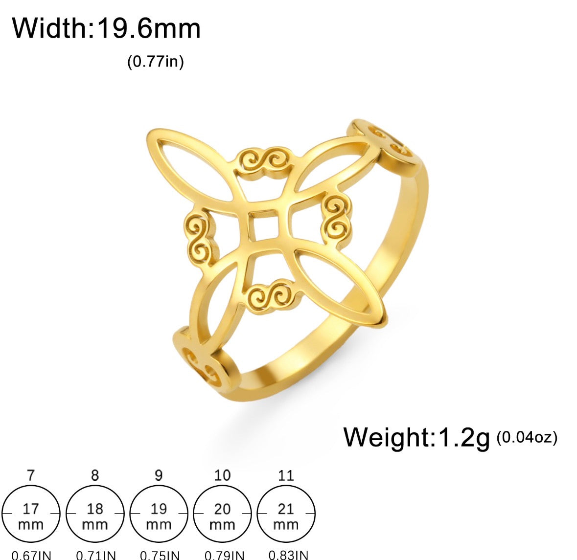 A501 anillo nudo de bruja dorado acero de titanio número 8