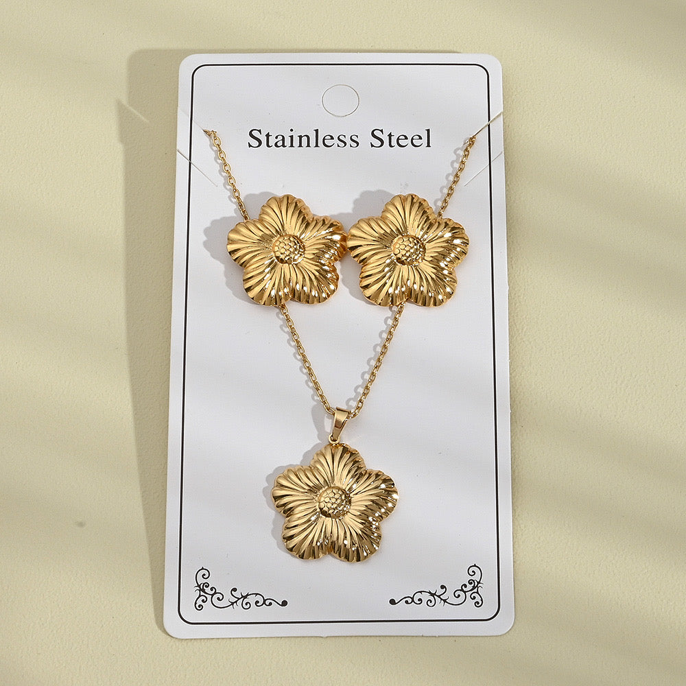 C986 Conjunto de collar y aretes flor dorada acero inoxidable chapado en oro de 18k 22cm,4cm dije y aretes
