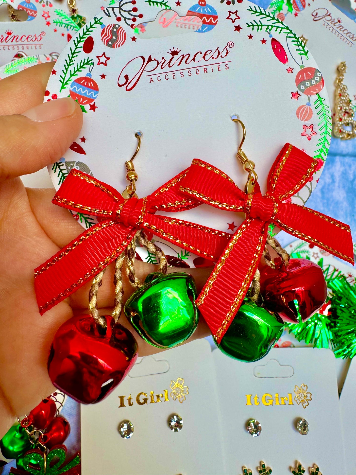 E1871 Aretes moño cascabel Navidad 5.5cm