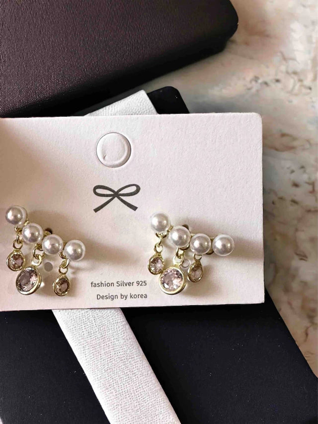 E1322 Aretes perlas colgantes cristal chico poste de plata