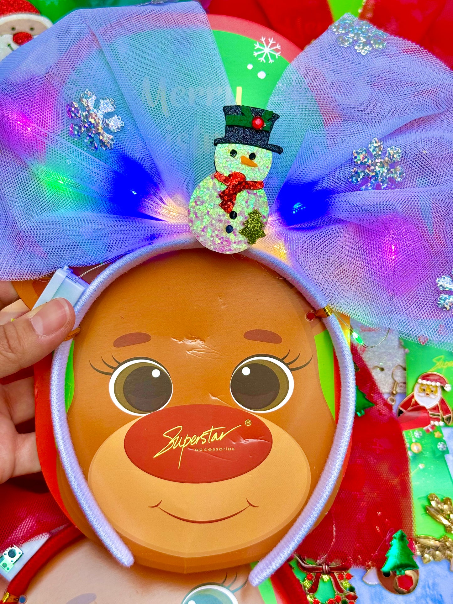 AC152O Diadema moño grande navideño con luces muñeco de nieve