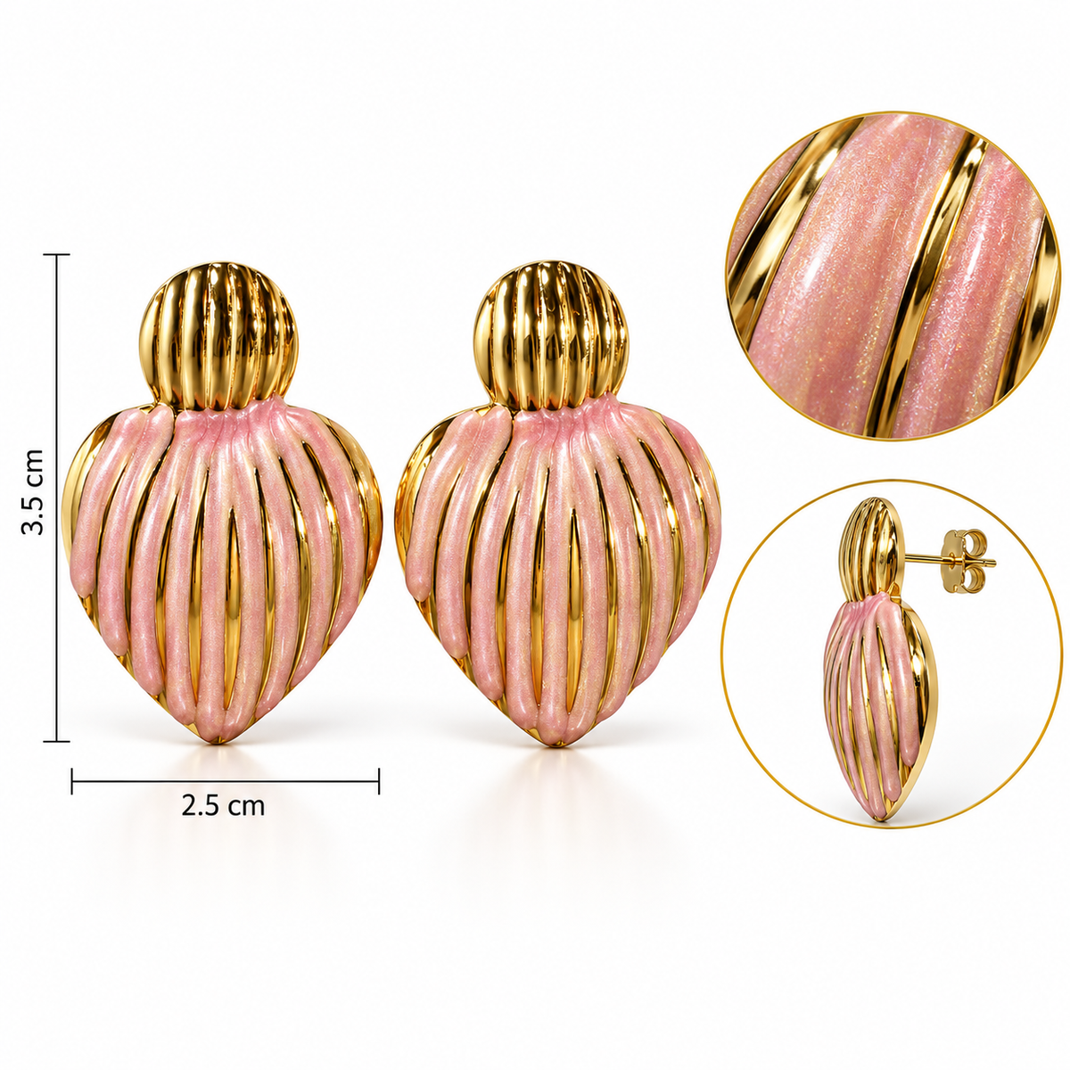 E035 Aretes corazon con circulo dorado esmaltado de acero inoxidable 304