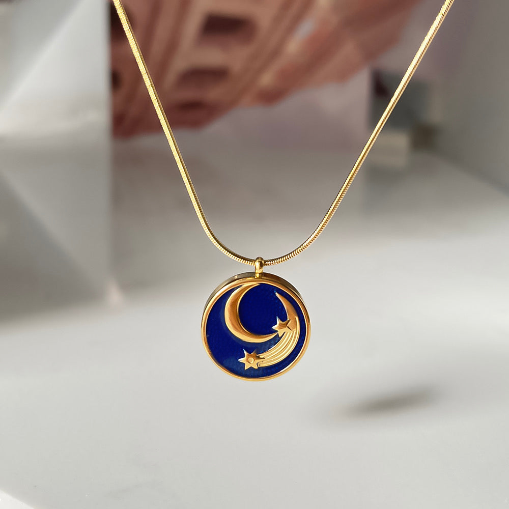 C407 Collar Luna acero inoxidable chapado en oro 18k largo 23cm dije 2cm
