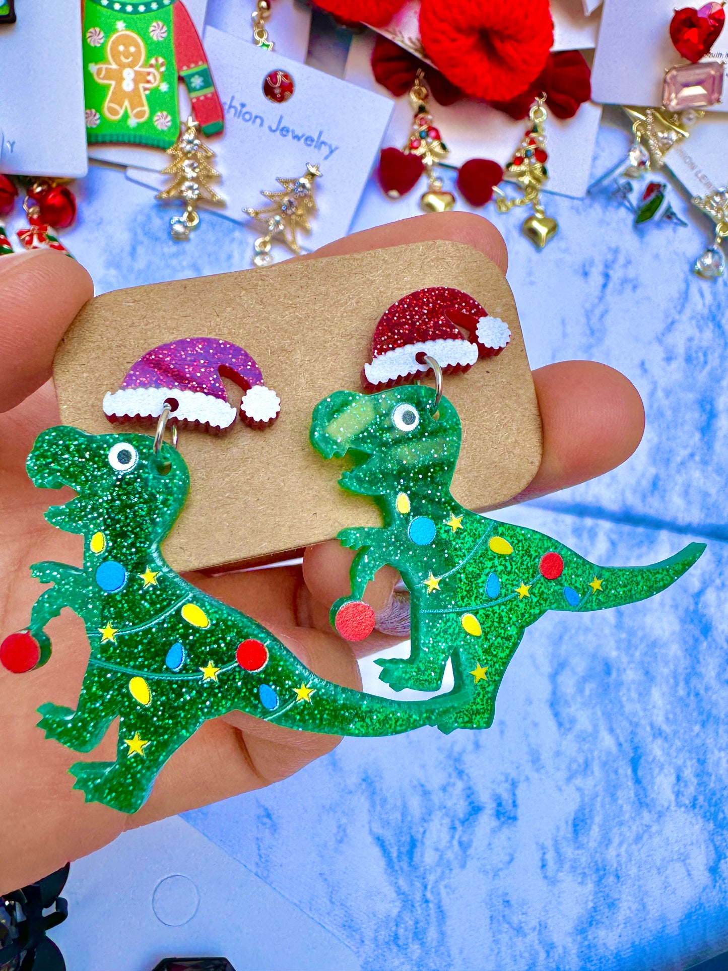 E1920 Aretes dinosaurio Navidad acrilicos ligeros 4.5cm