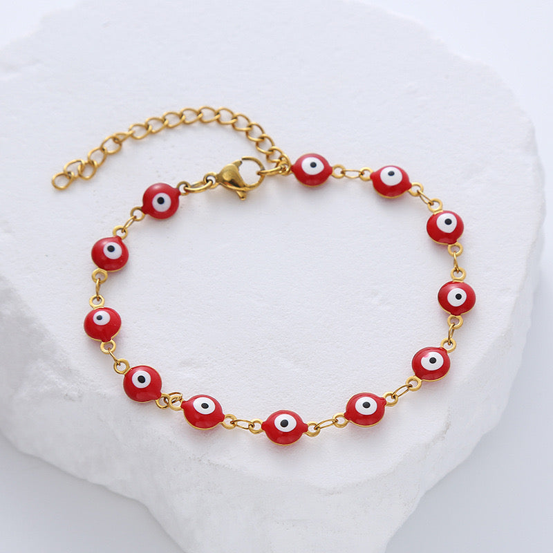 B464 Pulsera ojo turco rojo acero titanio 19cm
