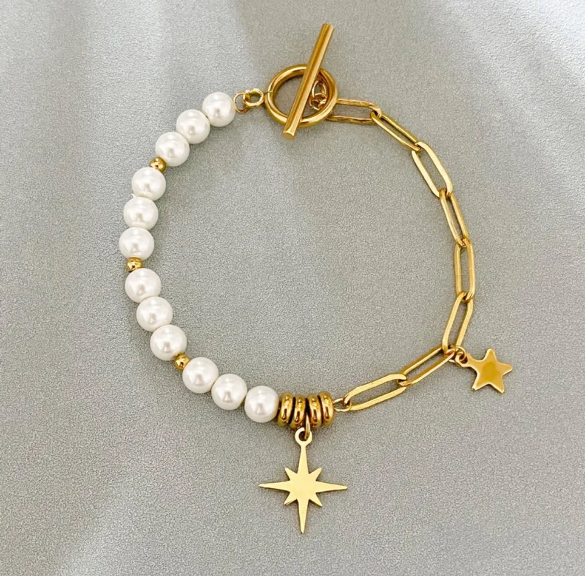 B288 Pulsera perlas acero de titanio chapado en oro 18k largo 19cm