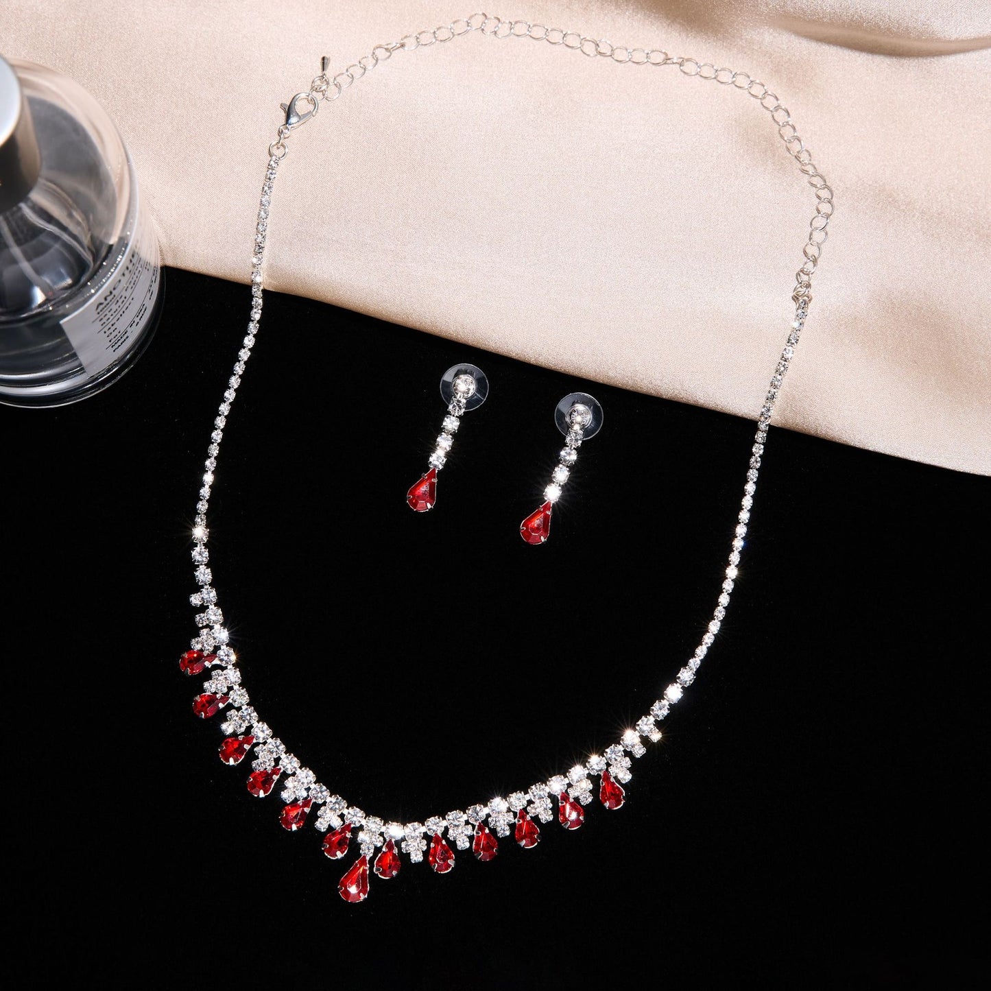 C1623 Conjunto juego de collar aretes cristal brillante circonia cobre de fiesta 21cm aretes 3cm
