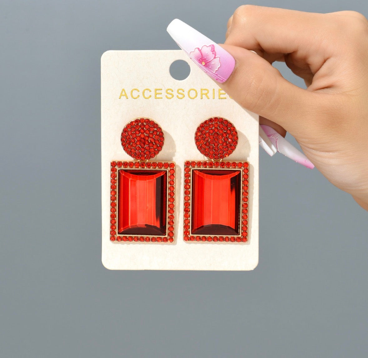 E5096 Aretes rectángulo cristal rojo aleacion 6cm