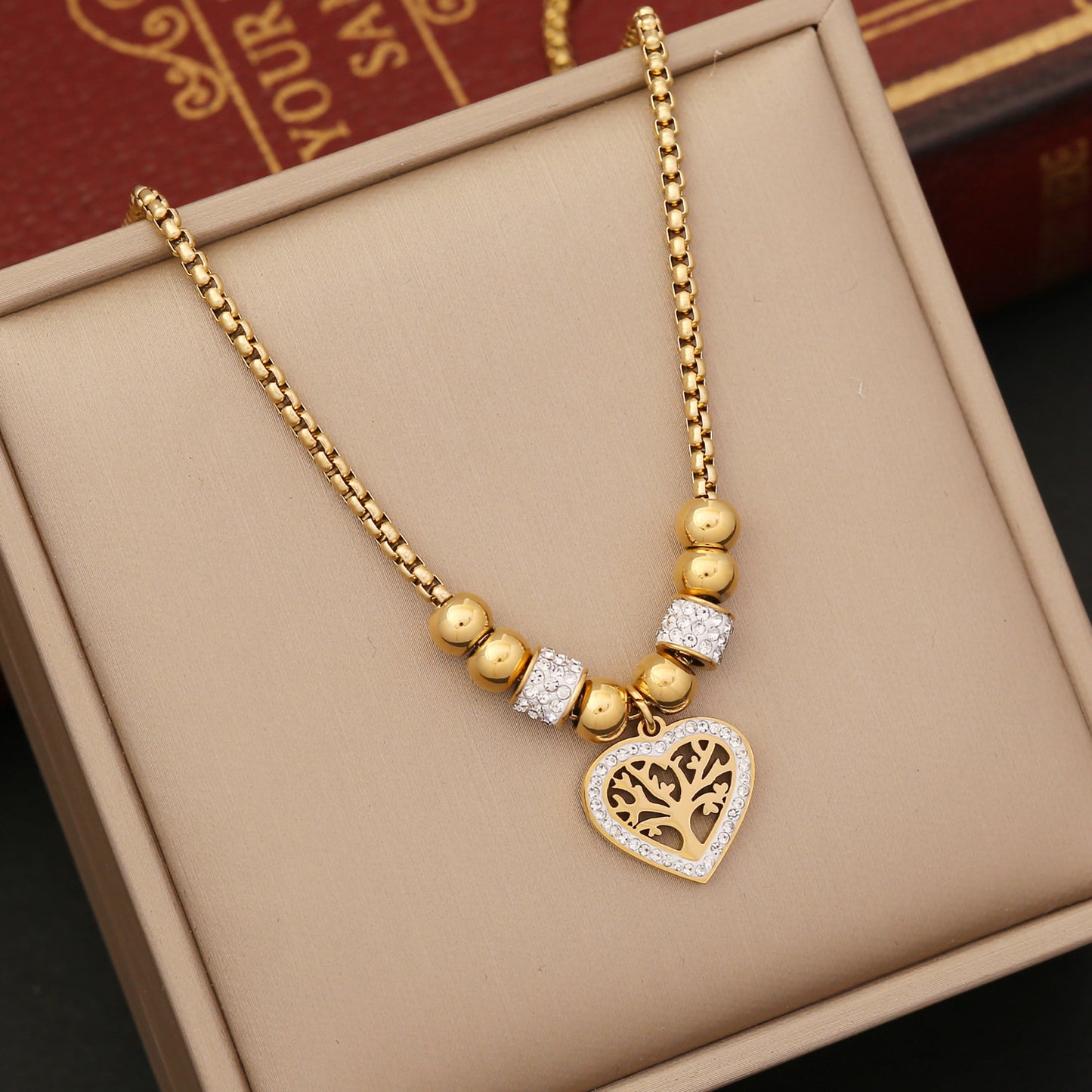 C552 Collar arbol de la vida acero inoxidable chapado en oro 18k largo 27cm dije 2cm