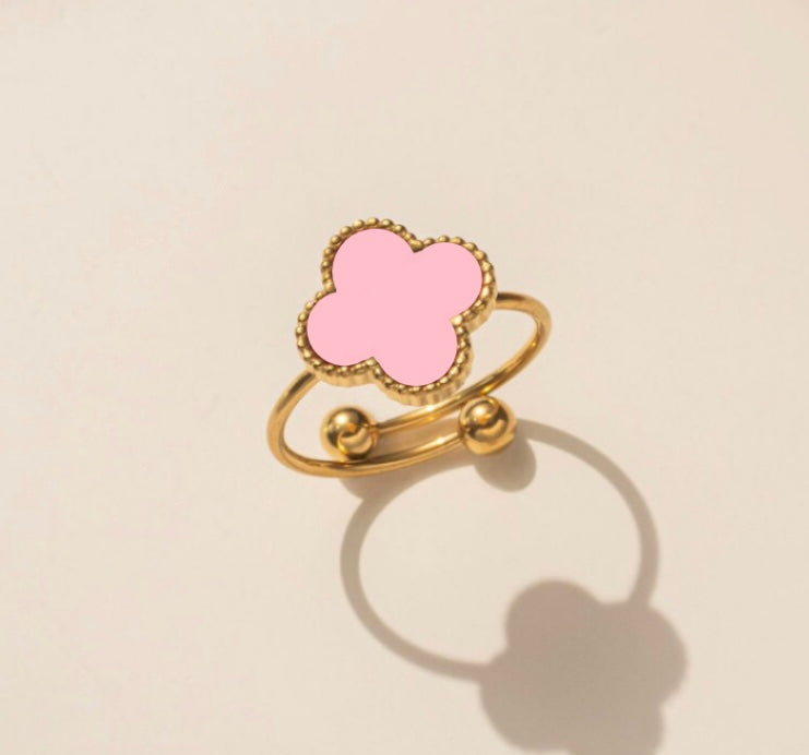 A162 Anillo trebol rosa acero inoxidable chapado en oro 18 ajustable medida trebol 1.5cm