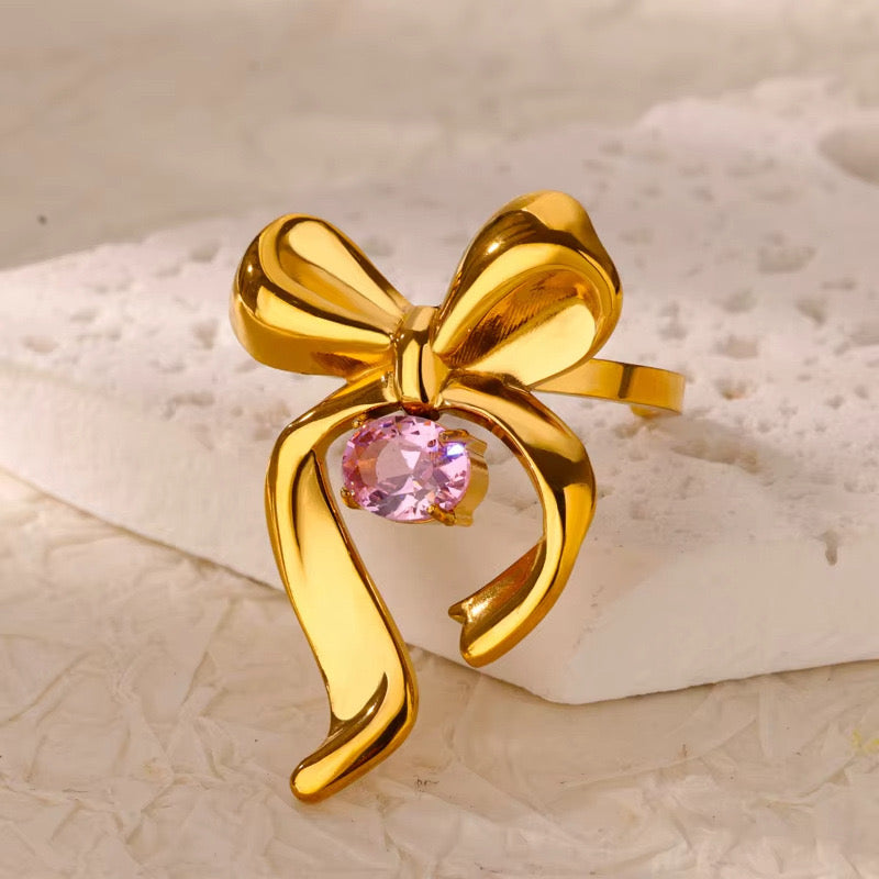 A161 Anillo moño dorado abierto acero inoxidable chapado en oro 18k 3.5cm