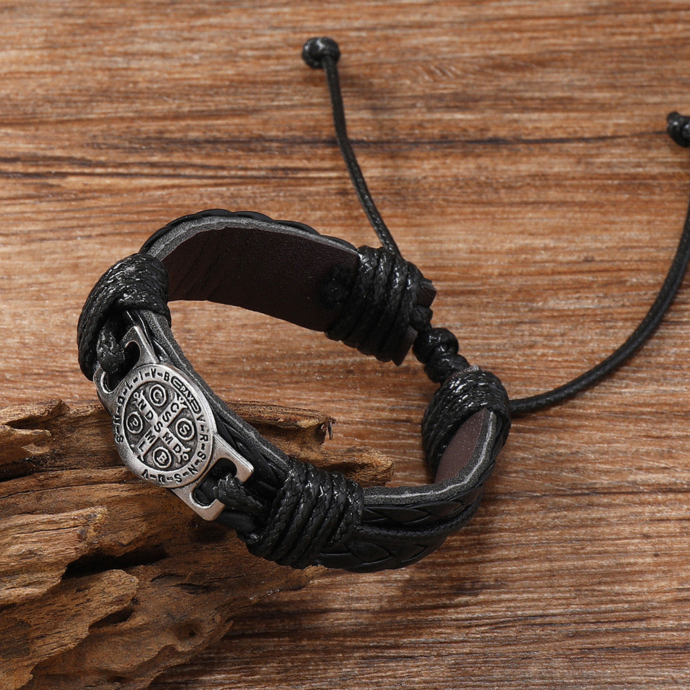 B537 Pulsera para hombre cuero sintético ajustable