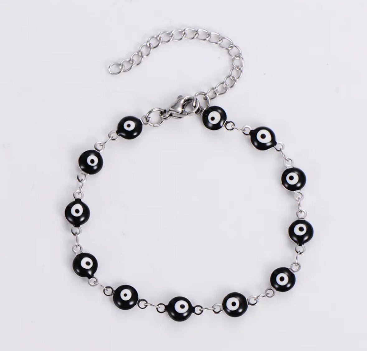 B364P Pulsera plateada ojos turcos negros buena suerte acero inoxidable chapado en oro 18k 20cm