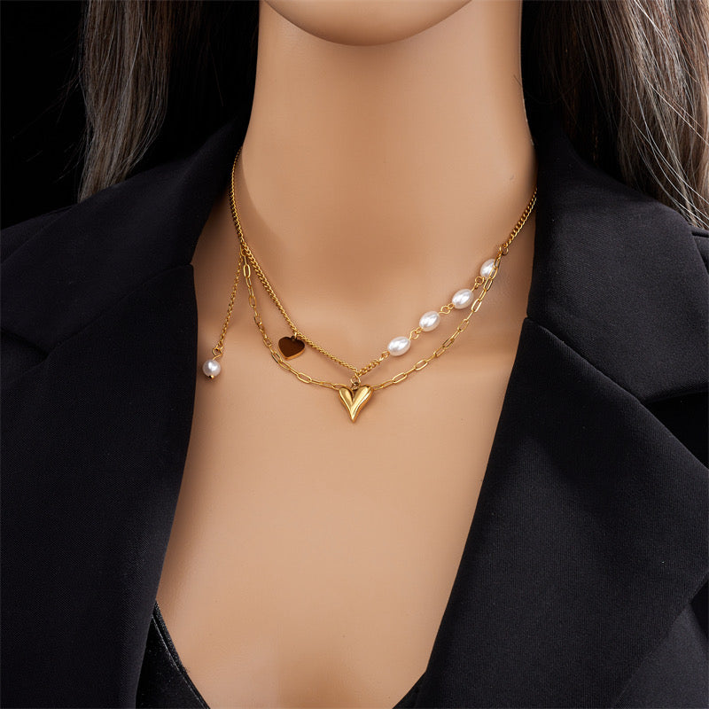 C238 Collar corazon doble capa mixto perla acero inoxidable