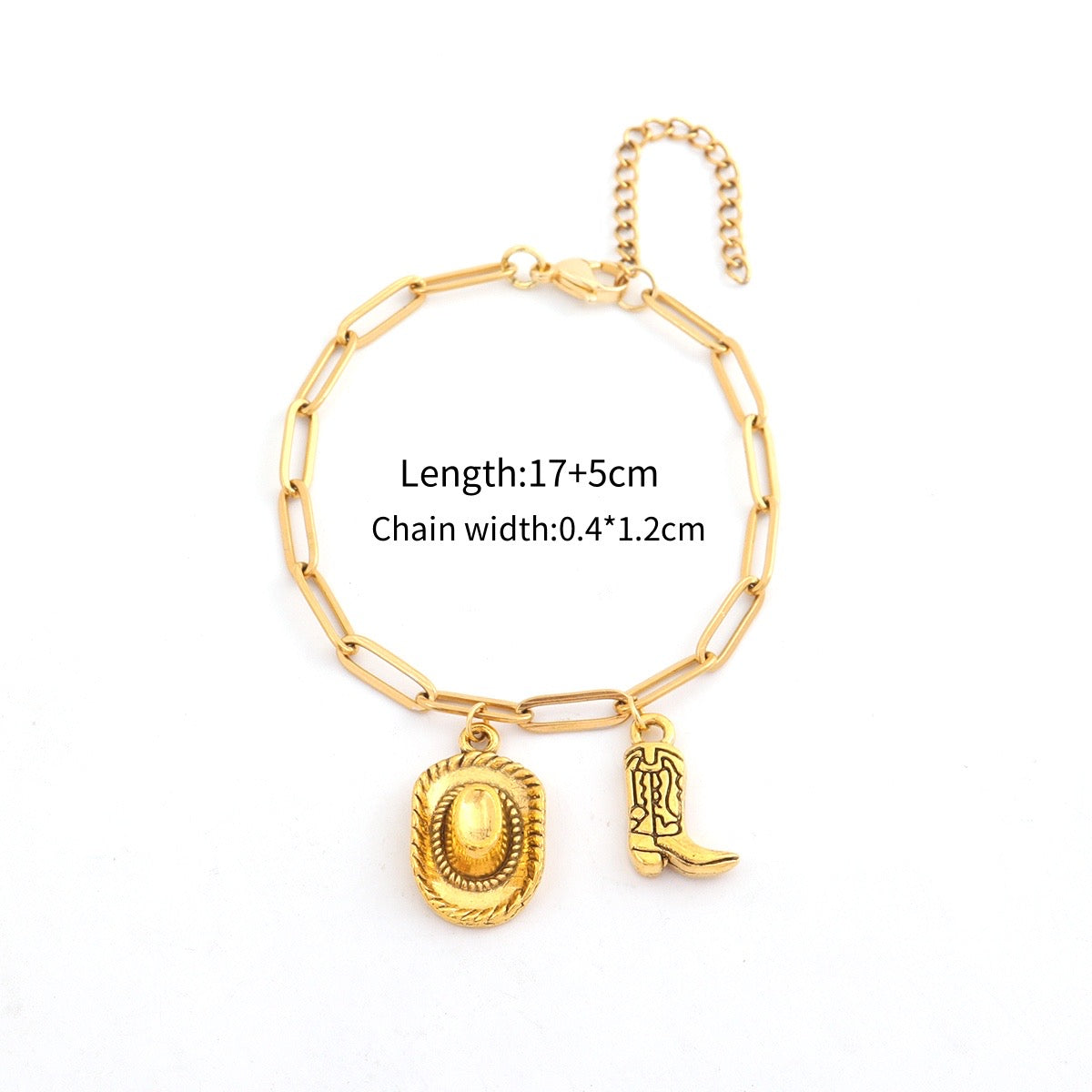 B474 pulsera bota vaquera y sombrero dorada acero inoxidable chapado en oro de 18k 22cm largo 2cm dije