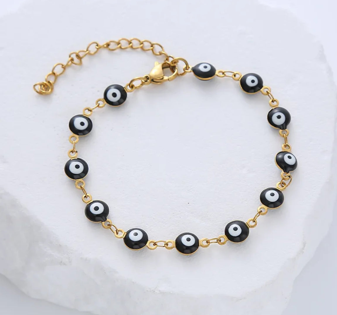 J477 Pulsera ojo turco acero inoxidable chapado en oro 18k largo 20cm